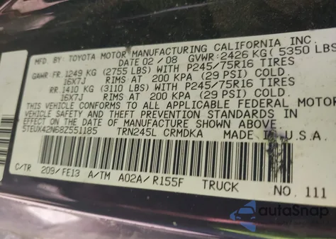 2008 Toyota Tacoma z USA, uszkodzony, nr VIN 5TEUX42N68Z551185